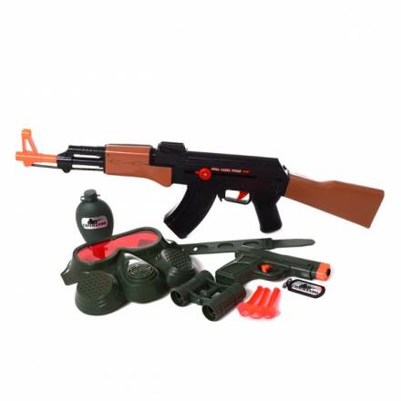 Набор военного AK-907EG (36шт) автомат55см-трещот,пистолет, маска, бинокль,фляга,на листе - 1