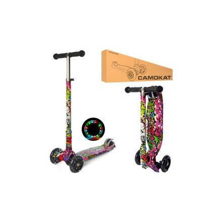 Самокат JR 3-055-WP5 (1шт) MAXI,алюм+пласт,3кол.ПУ,пер.120-28мм-світ,кермо66-89см,складн,принт,кор. - 1