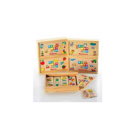 Деревянная игрушка Домино MD 0017 (120шт) 6видов(игр,фрук,трансп,сказк,животн-2),в пенале,15,5-4-9см - 1
