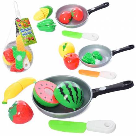 Продукти 4013D на липучці, 3шт, сковорідка, ніж, 3 види (овочі/фрукти), в сітці, 20-12-6см - 1