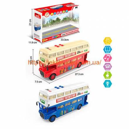 Автобус 1588 (12шт) двухэтажный, 27,5см, 1:16,ездит,муз-зв(англ),св,2цв,бат,в кор-ке, 34-21,5-11,5см - 1