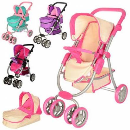 Коляска 9662M (3шт) для куклы,жел,прогулочная/классика,двойн.колеса,поворот,корзине,кор-ке, - 1