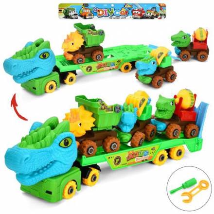 Конструктор 8886A (24шт) на шурупах, трейлер-динозавр 42см, машина-динозавр 3шт, викрутка, у пакеті, - 1