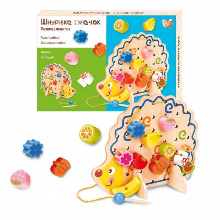 Шнурівка 25916 "WToys", "Їжачок", дерев'яна, кольорові намистини, шнурок, в коробці - 1