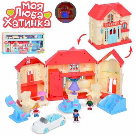 Будиночок WD-933C (12шт) 38-19см, автомобіль 12см, фігурка 6см 3шт, меблі,звук, світло, на бат-ці. в - 1