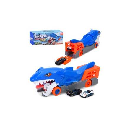 Трейлер 3303-1 (24шт) 34см, 2в1(трек), корпус акула,гумові колеса 2шт, машина (2шт, метал, 7см), в к - 1