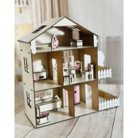 Дерев'яний самозбірний З ТЕРАСОЮ кольоровий іграшковий будиночок для ляльок , /61913