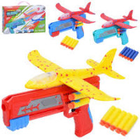 Літак 77917-11 (48шт) 23см, пінопласт, на запуску(пістолет 24,5см), м'які кулі-присоски 5шт, мікс ко