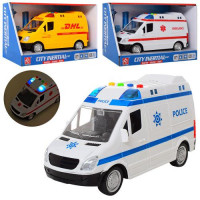 Машинка RJ3319ABC (36шт) 21,5см, зв,св, 3в(1в-полиция, 1в-скорая), на бат-ке, в кор-ке, 25-17-11,5см