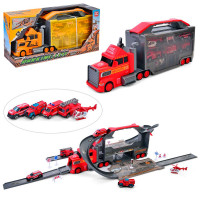 Гараж XG879-110-111 (9шт) 2в1(трейлер 44см), транспорт 7,5см 5шт(метал), дорожні знаки, 2 види (1вид