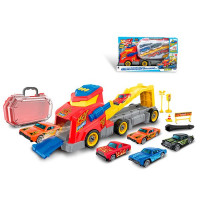 Трейлер 661-1031 (9шт) 1:64, 41см, музика-звук, 2в1(трек), машинка 7,5см 4шт, дорожні знаки, викрутк