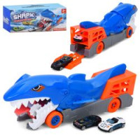 Трейлер 3303-1 (24шт) 34см, 2в1(трек), корпус акула,гумові колеса 2шт, машина (2шт, метал, 7см), в к